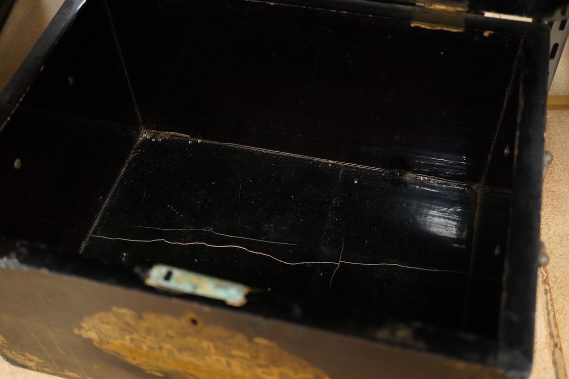 Three 19th-century Chinese gilt-decorated black lacquer sewing boxes, two containing bone sewing accessories, together with a similar tea chest (4) largest box- 33.3cm wide x 20cm high